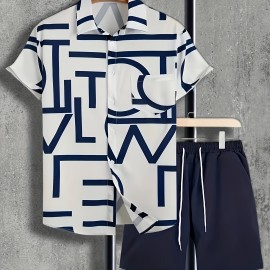 Casual Two-Piece Set, Men's Short Sleeve Shirt & Drawstring Shorts Matching Set For Summer