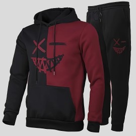 Creative Pattern Print, Men's 2Pcs Outfits, Casual Hoodies Long Sleeve Hooded Sweatshirt And Sweatpants Joggers Set For Spring Fall, Men's Clothing
