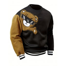 Men's Cartoon Bear Embroidery Crew Neck Sweatshirt, Loose Fit Sports Tops