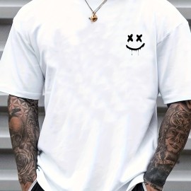 Smile Print, Men's Graphic Design Crew Neck T-shirt, Casual Comfy Tees Tshirts For Summer, Men's Clothing Tops For Daily Vacation Resorts