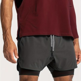 2-in-1 Double Layer Shorts With Inner Zipper Pocket, Men's High Stretch Sports Shorts For Summer Gym Workout Training