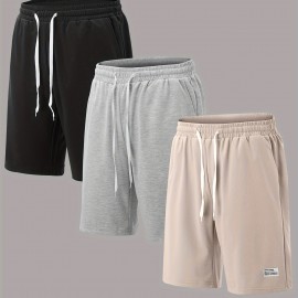3pcs Classic Design Casual Cotton Slightly Stretch Drawstring Shorts, Men's Shorts For Summer