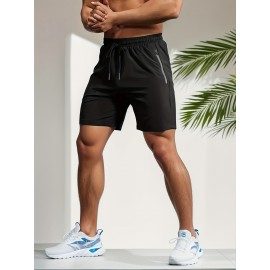 Quick Drying Comfy Active Shorts, Men's Casual Zipper Pockets Stretch Waist Drawstring Shorts For Summer Gym Workout Training