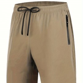 Zipper Pockets Quick Drying Comfy Active Shorts, Men's Casual Stretch Waist Drawstring Shorts For Summer