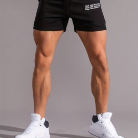 Letter Print Comfy Shorts, Men's Casual Slightly Stretch Elastic Waist Drawstring Shorts For Summer Basketball Beach Resort