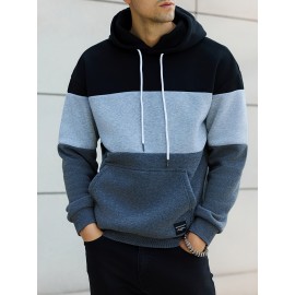 Cool Color Block Hoodies For Men, Men's Casual Design Hooded Sweatshirt With Kangaroo Pocket Streetwear For Winter Fall, As Gifts