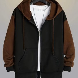 Color Block Men's All-match Hooded Sweatshirt, Men's Sports Zip Up Outwear With Pockets, Spring Fall