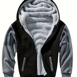 Color Block Sherpa Lined Men's Hooded Jacket Casual Long Sleeve Hoodies With Zipper Gym Sports Hooded Coat For Winter Fall
