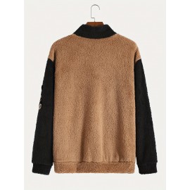 Men's Color Block Fuzzy Bear Pattern Sweatshirt, Half Zip Stand Collar Warm Pullover For Autumn Winter